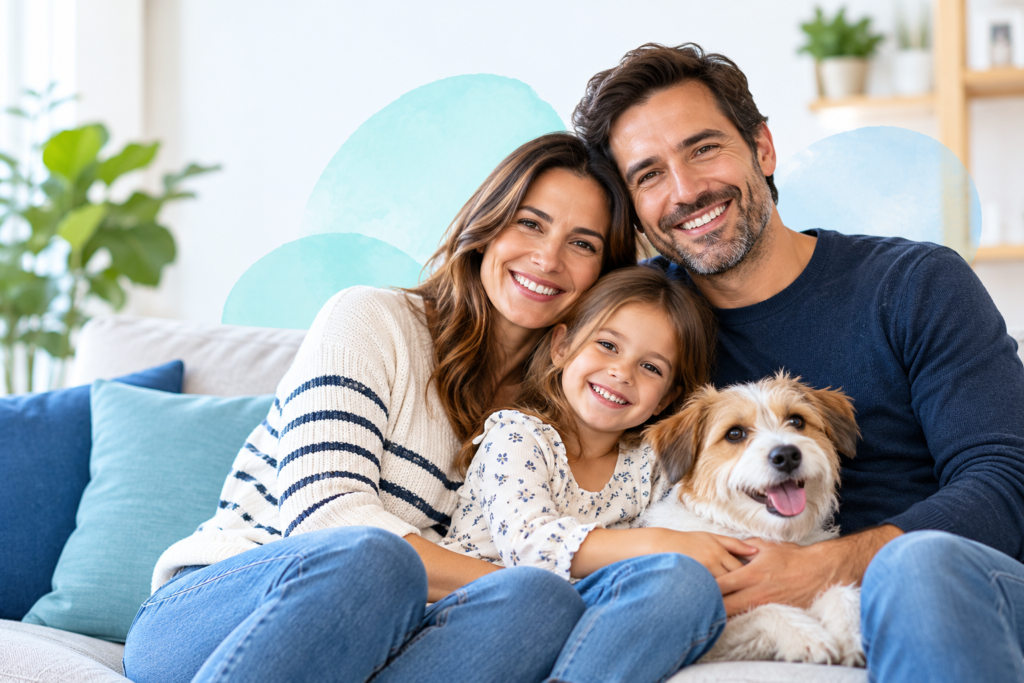 Familia sonriente con su hija y su perro en el sofá de casa.